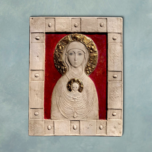 Madonna Nikopeja, bemalte und vergoldete Skulptur aus Keramik