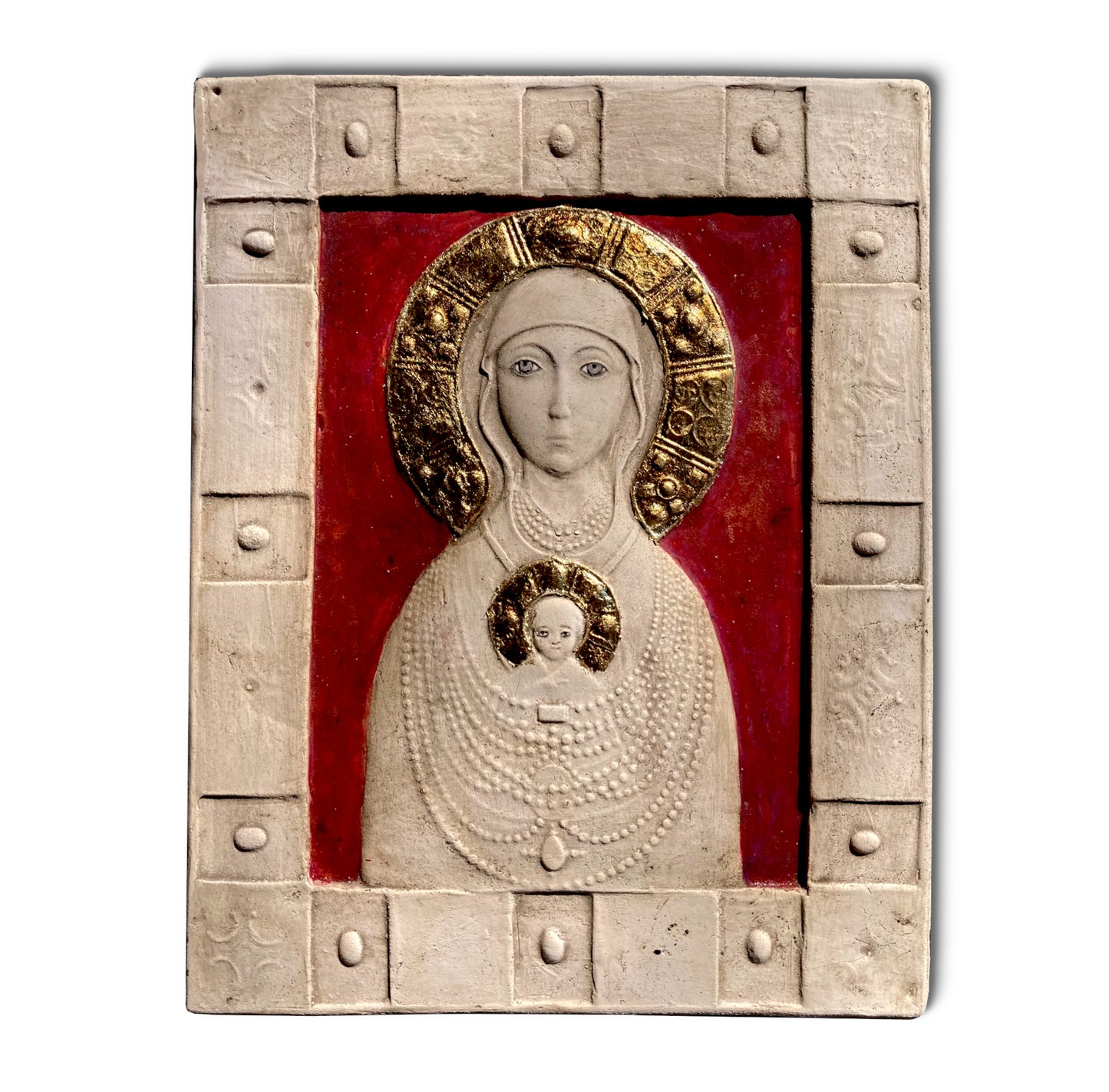 Madonna Nikopeja, bemalte und vergoldete Skulptur aus Keramik